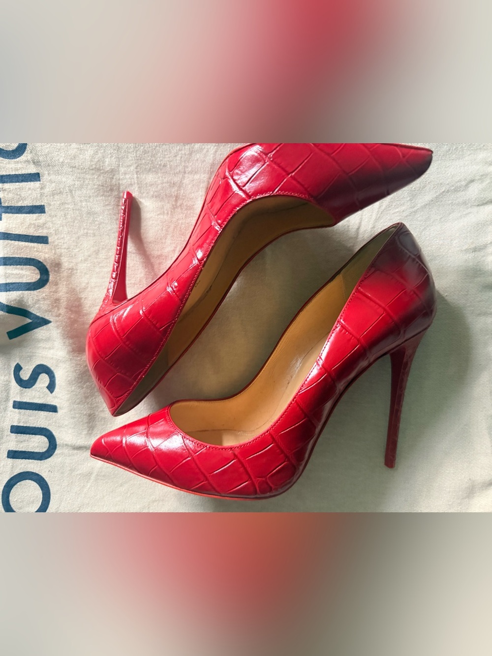 Christian Louboutin Red Croc-Embossed Pointed Toe Stilettos